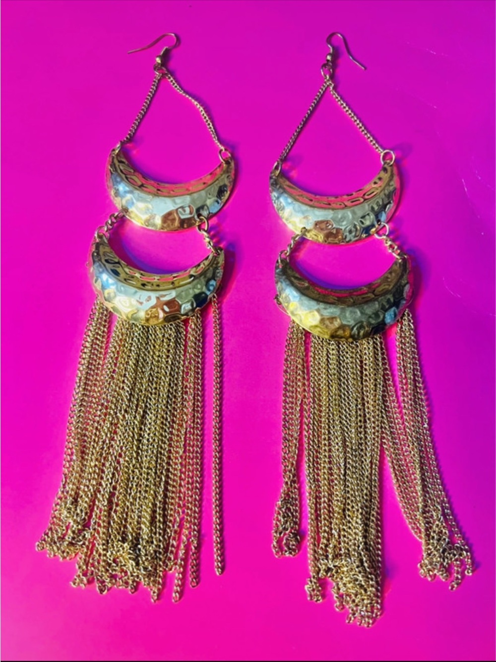 Long Gold toned dangle chain fringe earrings